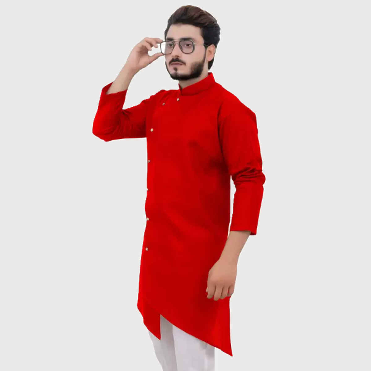 Tibra Collection Men Asymmetric Kurta - Red | Cotton Blend | XXL