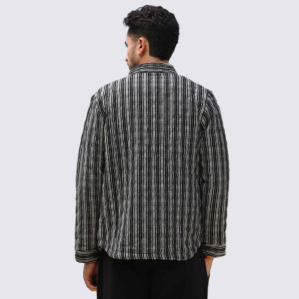 Campus Sutra Men's Multitrack Striped Quilted Jacket | Carbon Black & Chalk White - S