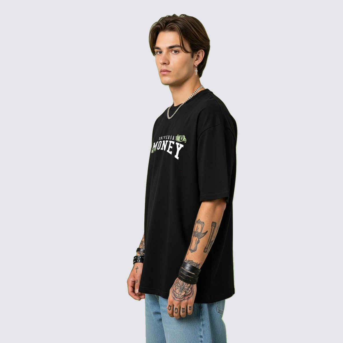 BENNY BROOKS Men's Round Neck half sleeve Oversized T-shirt |AA(ARN)BLACK220 | Black - XL