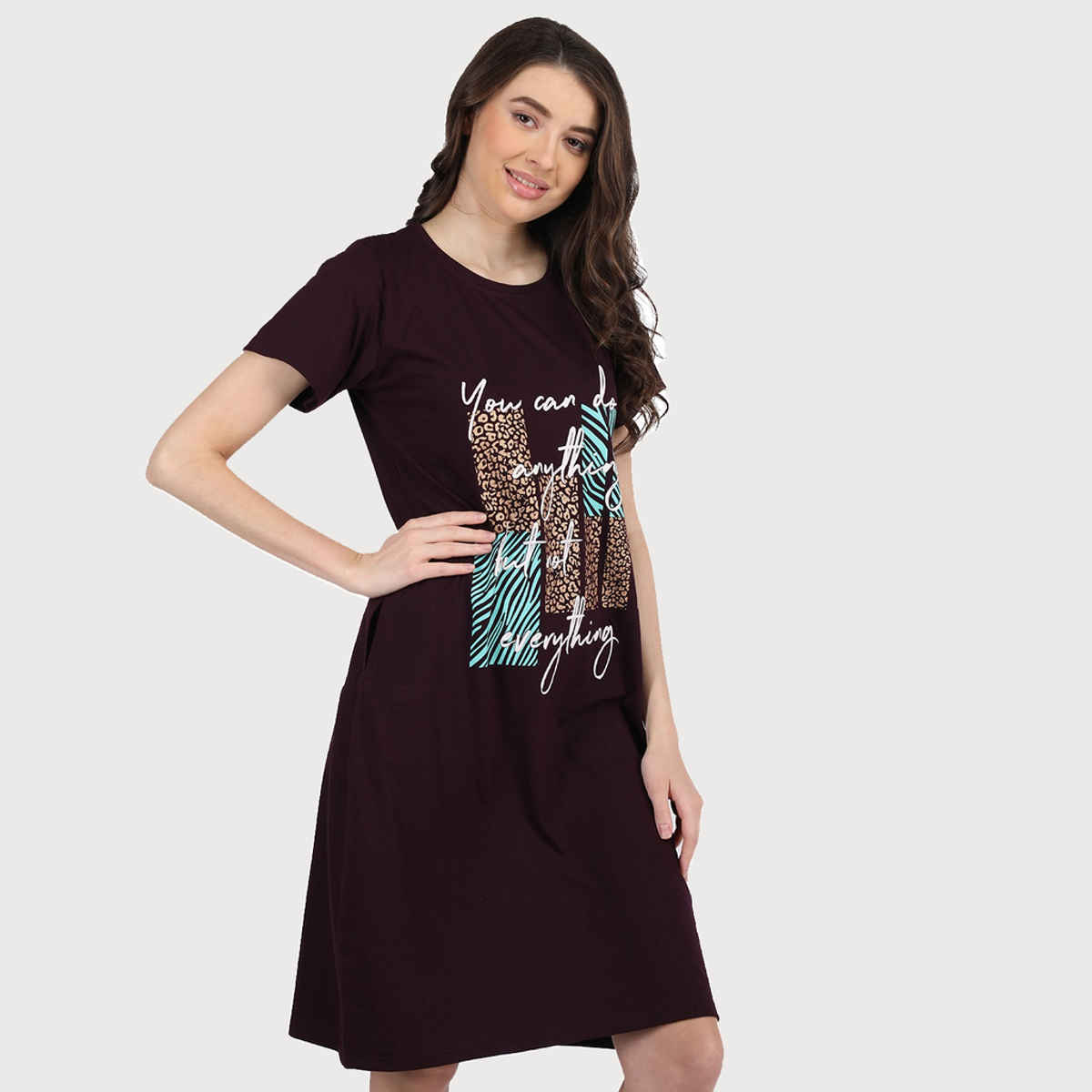 Duchess Women's Cotton Blend Printed Knee Length Nighty | Wine - M