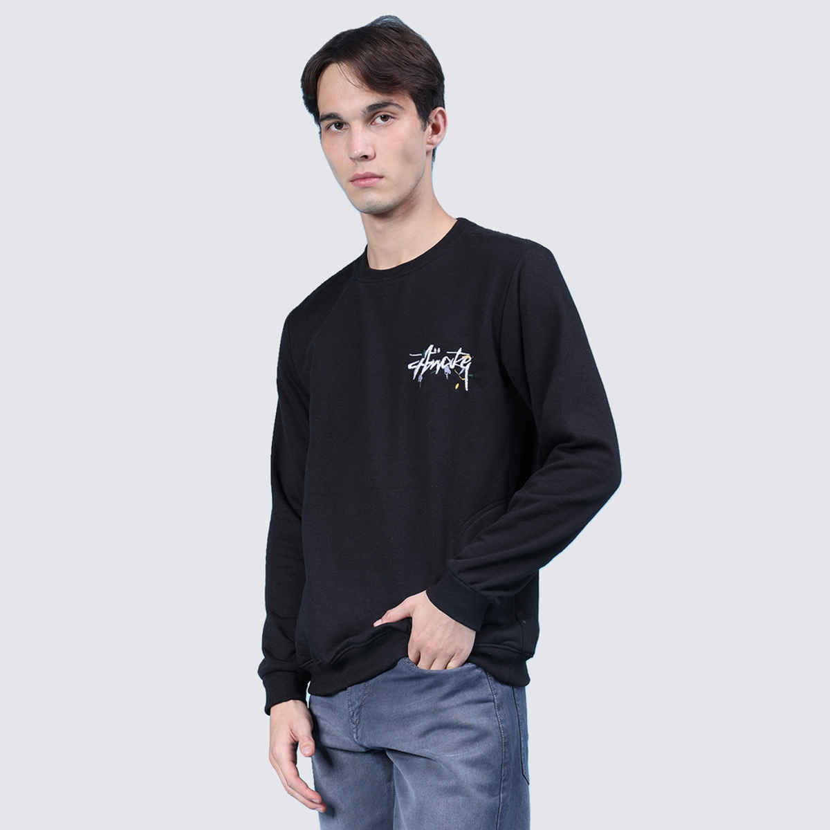 V-Mart Men's Printed Fleece Round Neck Sweatshirt | Black - S