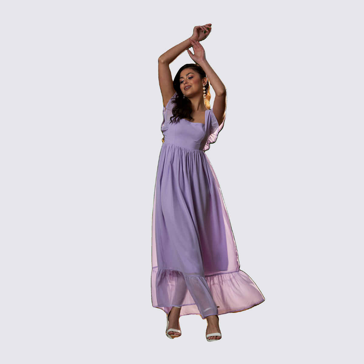 SASSAFRAS Women's Square Neck Frill Hem Maxi Dress | Lavender - S