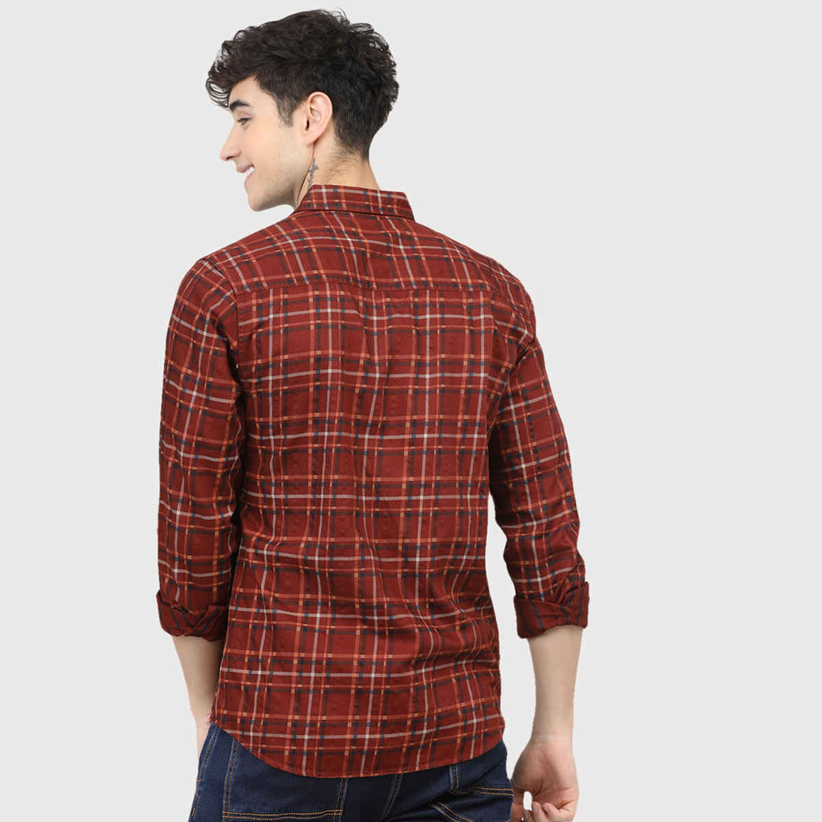 HIGHLANDER Men's Slim Fit Tartan Checked Reversible Casual Shirt | Rust & Navy Blue - S