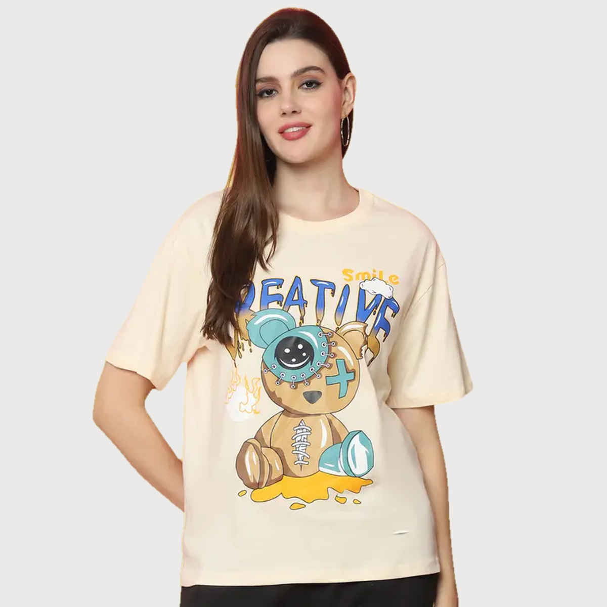 Fabflee Women Oversize Cotton Printed Round Neck Tshirt | Beige | FAB-OS-529 | XL