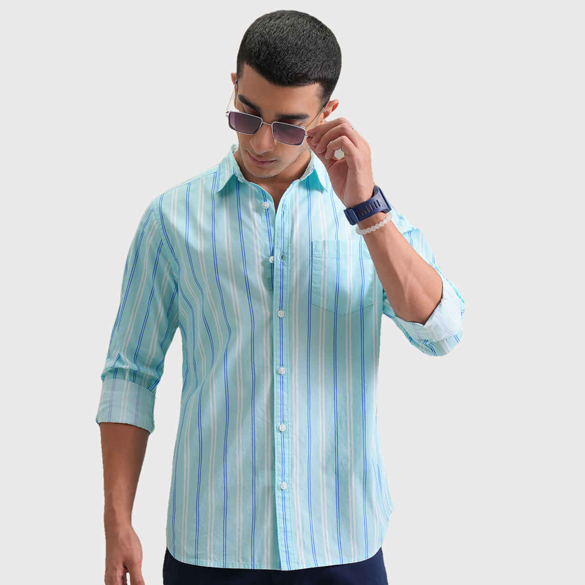 Highlander Men's Classic Slim Fit Vertical Striped Spread Collar Cotton Shirt | Aqua, White & Blue-M