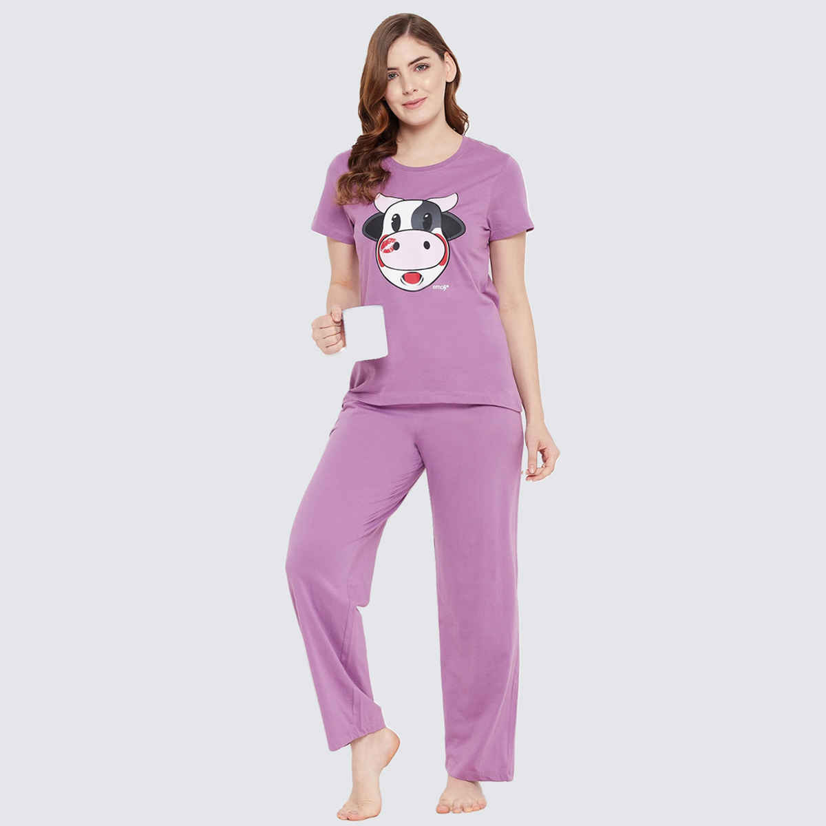 Clovia Cow Emoji Print Top & Solid Pyjama Set - 100% Cotton(Purple - L)