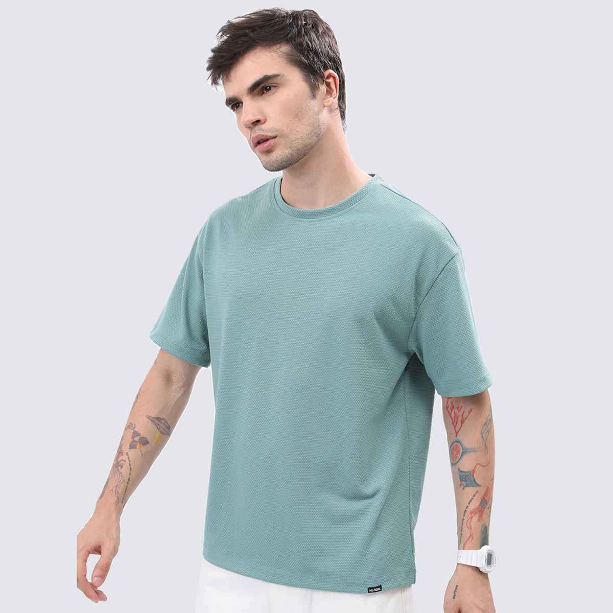 HIGHLANDER Men's Self Design Round Neck Oversized T-shirt | Green - S