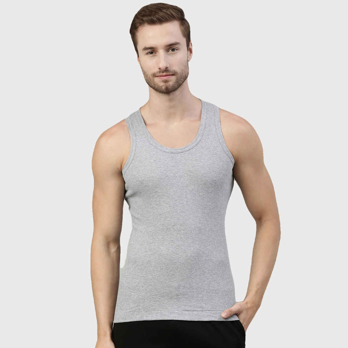 Dixcy Scott Men's Solid 100% Combed Cotton Round Neck Sleeveless Vest | Grey - M