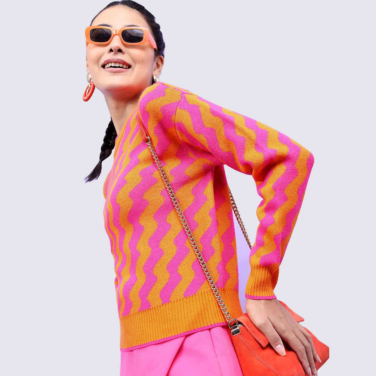 Tokyo Talkies Women's Jacquard Pullover Sweater | Orange & Pink - L