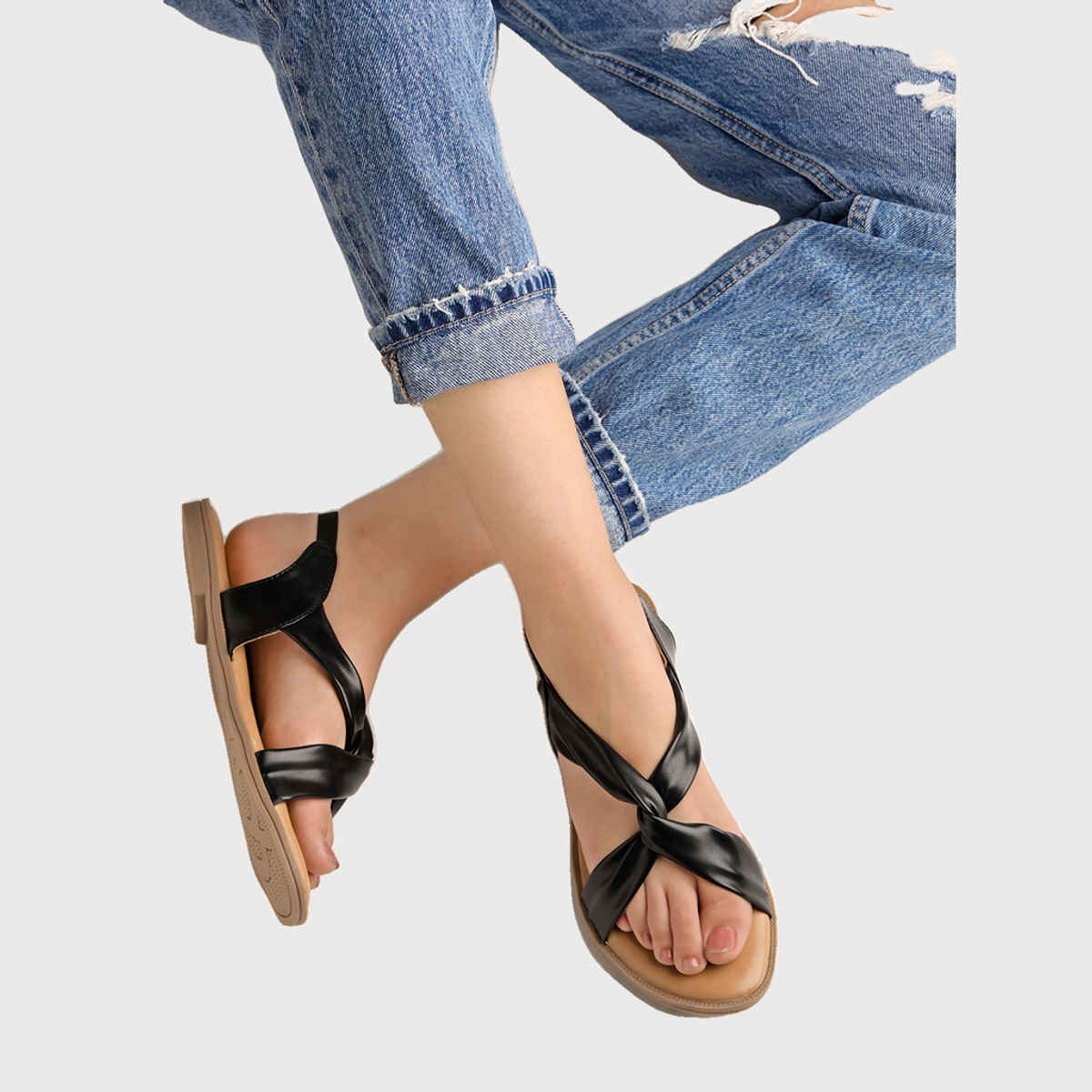 Shoetopia Cross Strap Black Flat Sandals For Women | UK 7