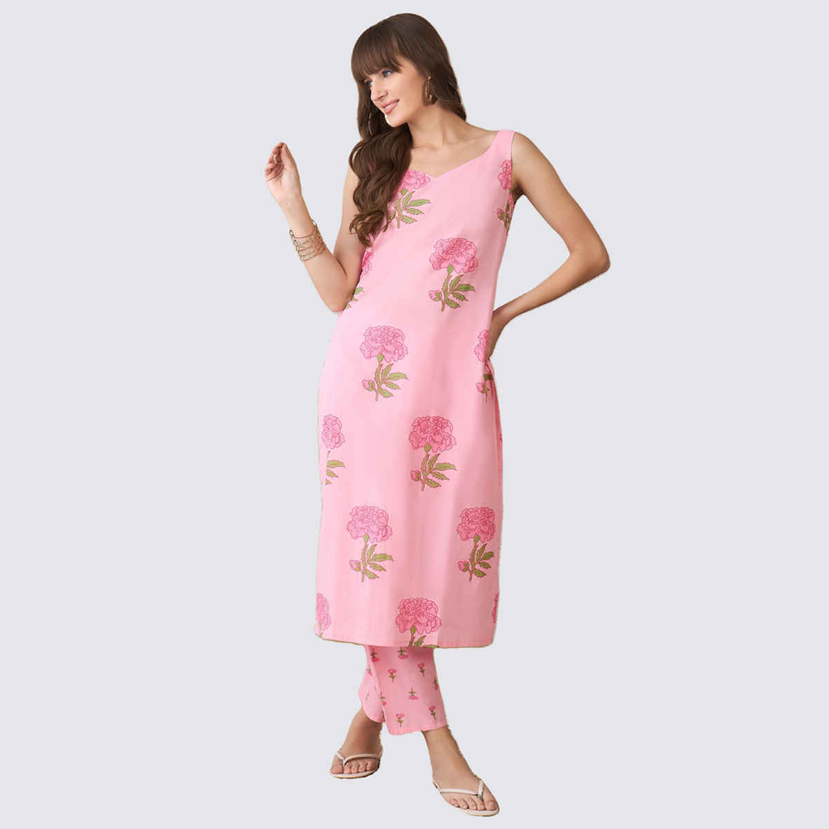 INDO ERA Women's Printed Straight Kurta Trouser Set | Pink - XL