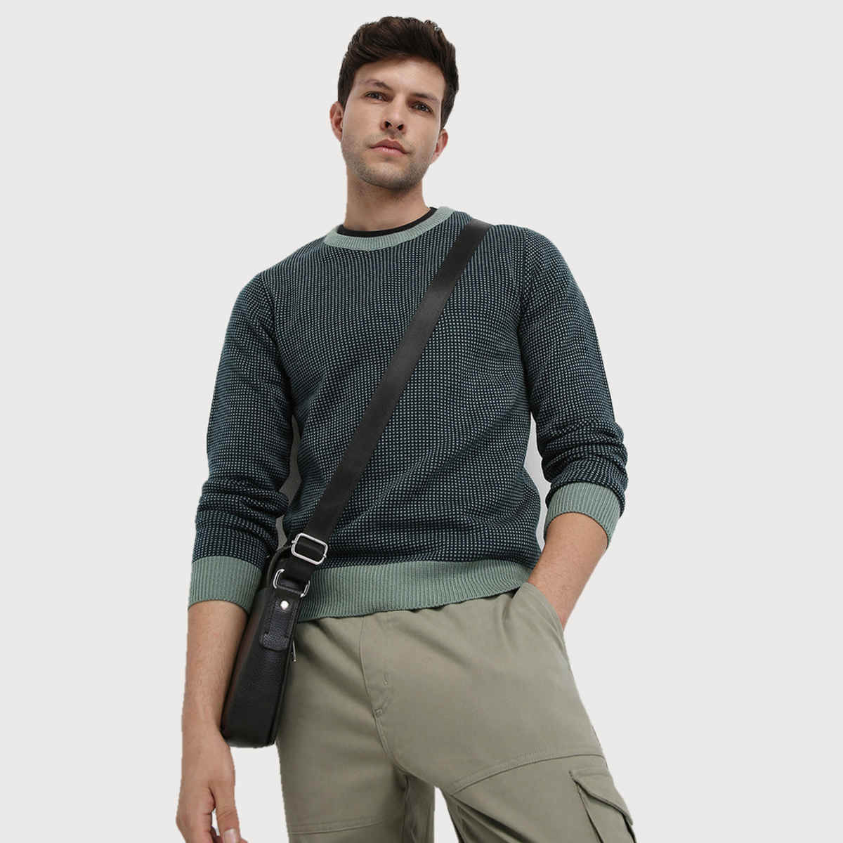 Dennis Lingo Men's Textured Round Neck Pullover | Teal Green | S