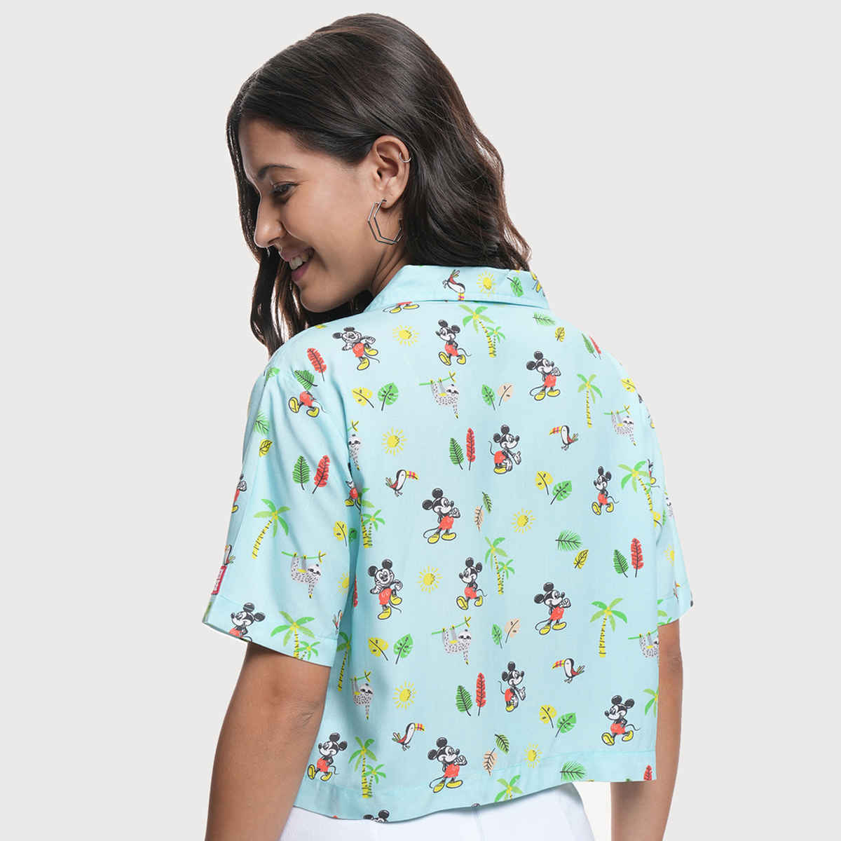 Tokyo Talkies Women's Mickey Print Cuban Collar Boxy Fit Crop Shirt | Blue Multi - XL