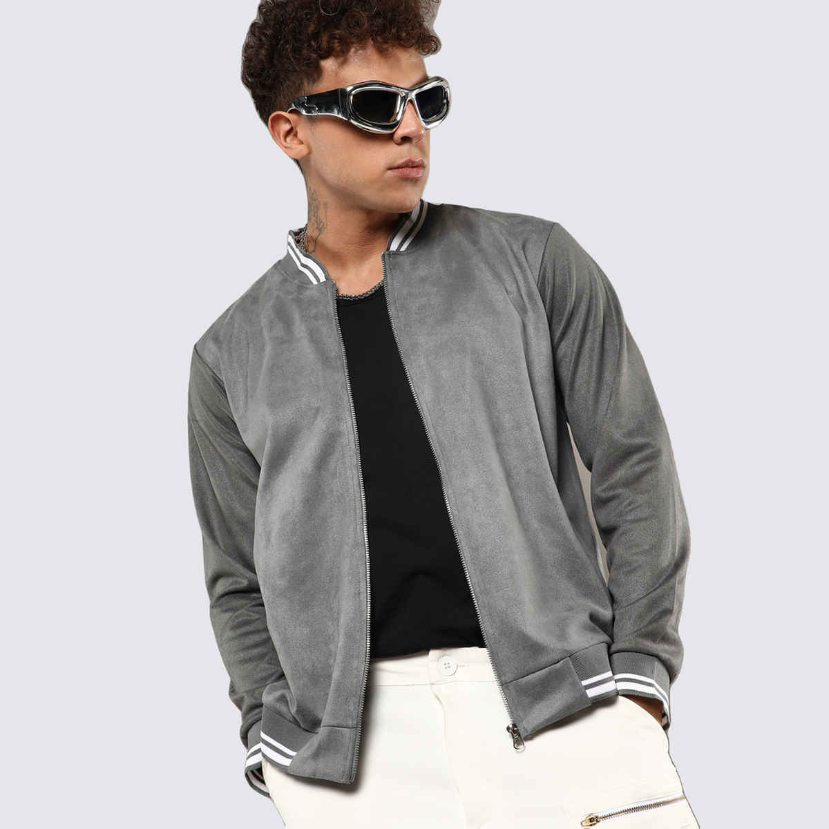 Campus Sutra Men's Zip-Front Baseball Jacket | Moon Grey - L