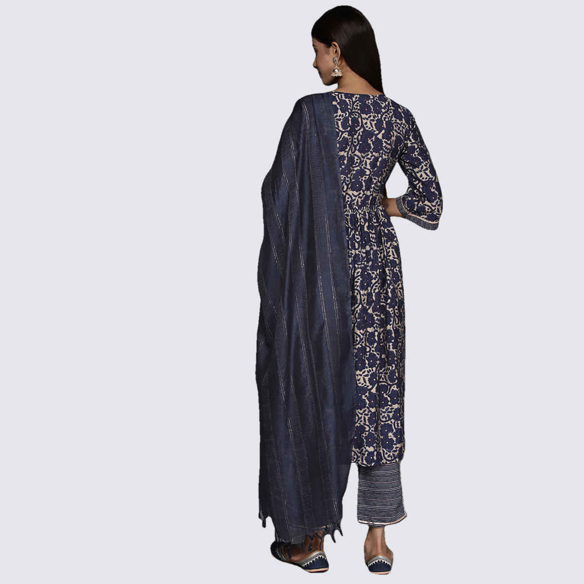Libas Women's Printed Silk Blend A-Line Kurta With Trousers & Dupatta | Blue - S