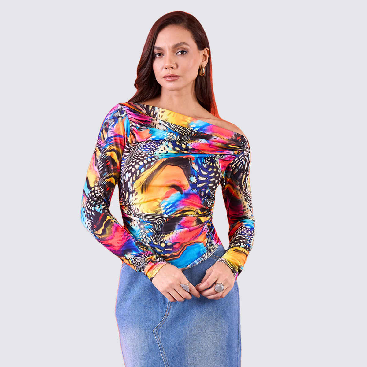Uptownie Women's Stretchable Asymmetrical Ruched Top | Multicolour - L
