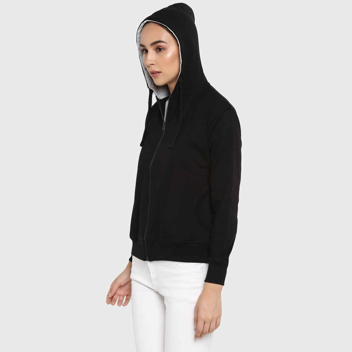 Alan Jones Clothing Women's Solid Zipper Hooded Sweatshirt | Black - XL