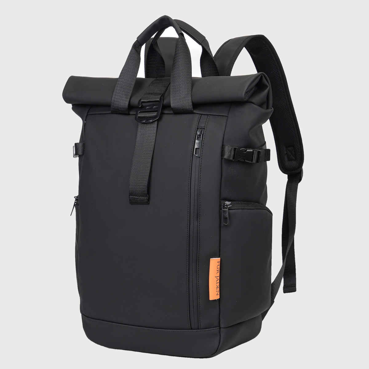 Fur Jaden 24 L Black Vegan Leather Rolltop Laptop Backpack with Anti-Theft Compartment