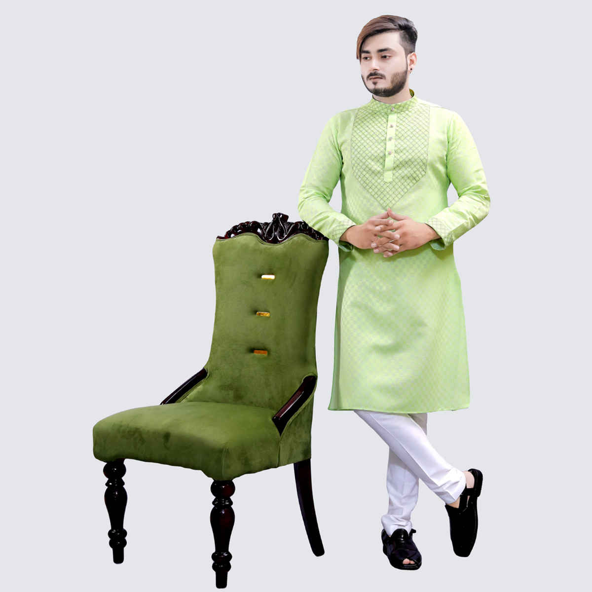 Tibra Collection Men Straight Kurta - Green | Designer | Cotton Blend | XXL