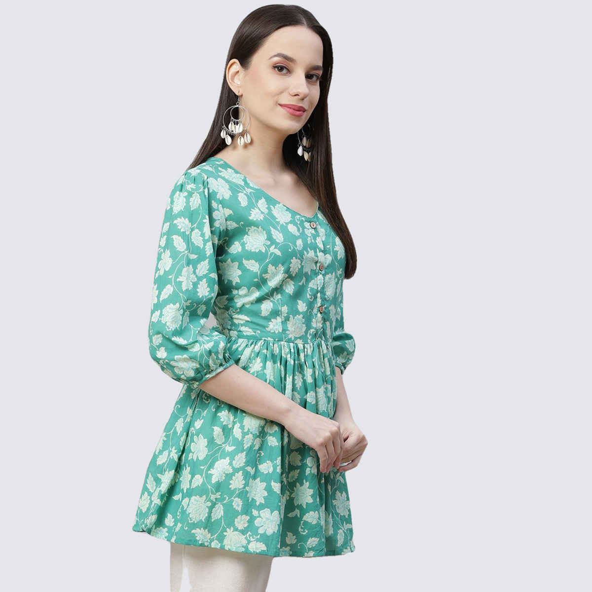 Divena Women's Floral Printed Peplum Cotton Tunic | DK0629 | Sea Green | L