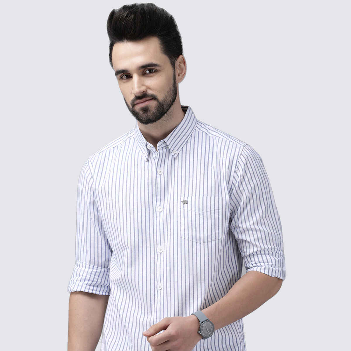 The Bear House Men's Striped Button-Down Casual Shirt | White - XL