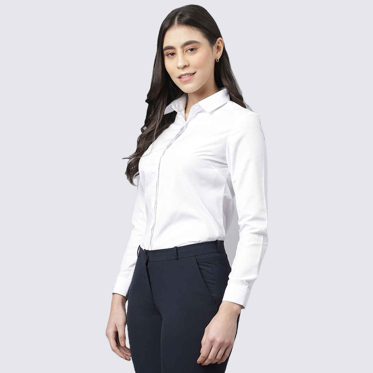 English Navy Women's Solid Regular Fit Polyester Formal Shirt | White - L