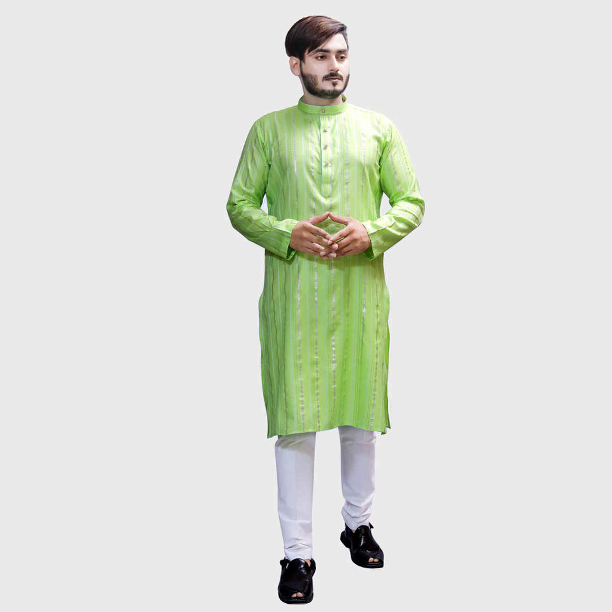 Tibra Collection Men Kurta - Green | Solid | Thin Striped | Cotton Blend | S