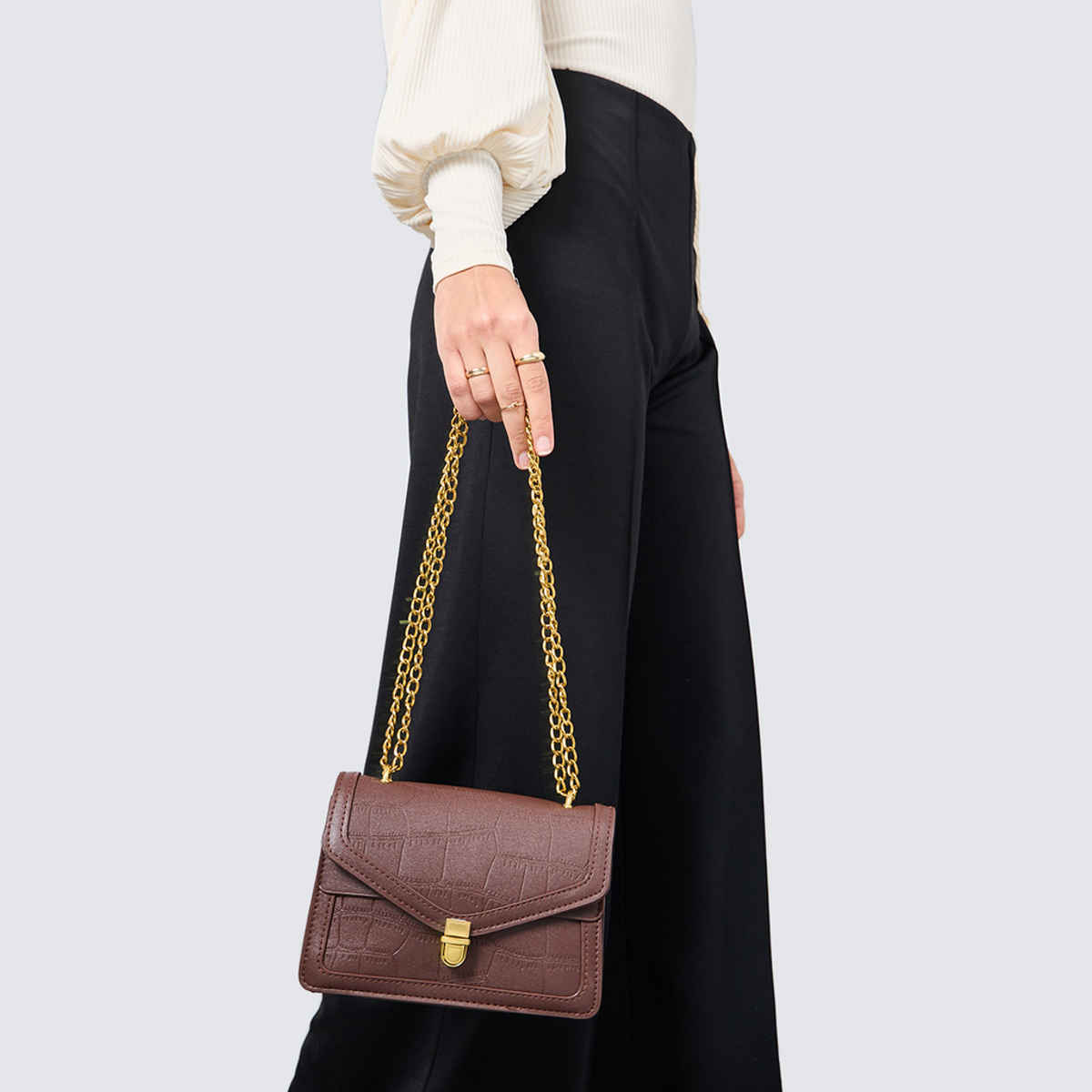Styli Women's Croc Skin Push Lock Shoulder Satchel Bag | Brown