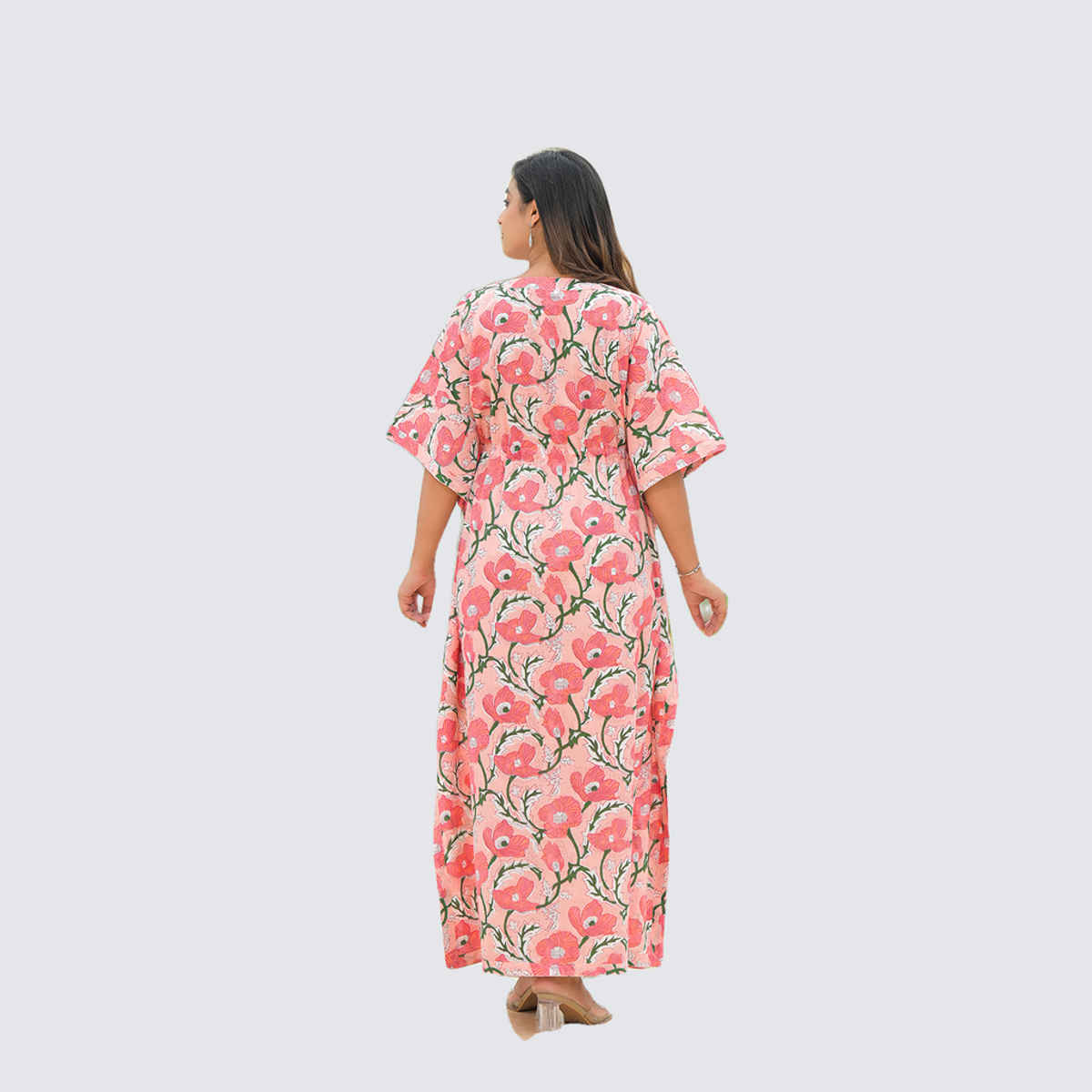 Divena Women's Floral Cotton Kaftan Dress | DK2227 | Pink - L