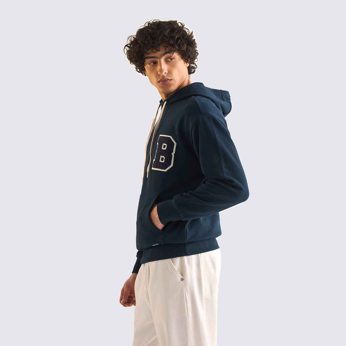 The Bear House Men's Relaxed Fit Hoodie with Chenille Patch Design | Navy Blue - XL