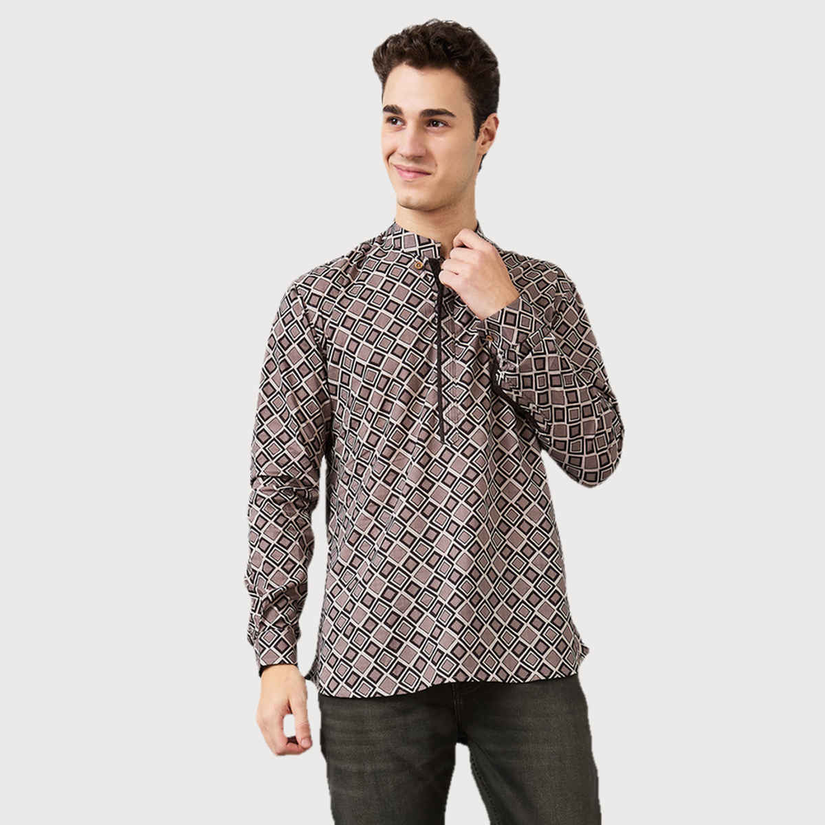 Ethnix by Raymond Men's Fit Pure Cotton Full Sleeve Folded Collar Short Kurta | Dark Grey - XL