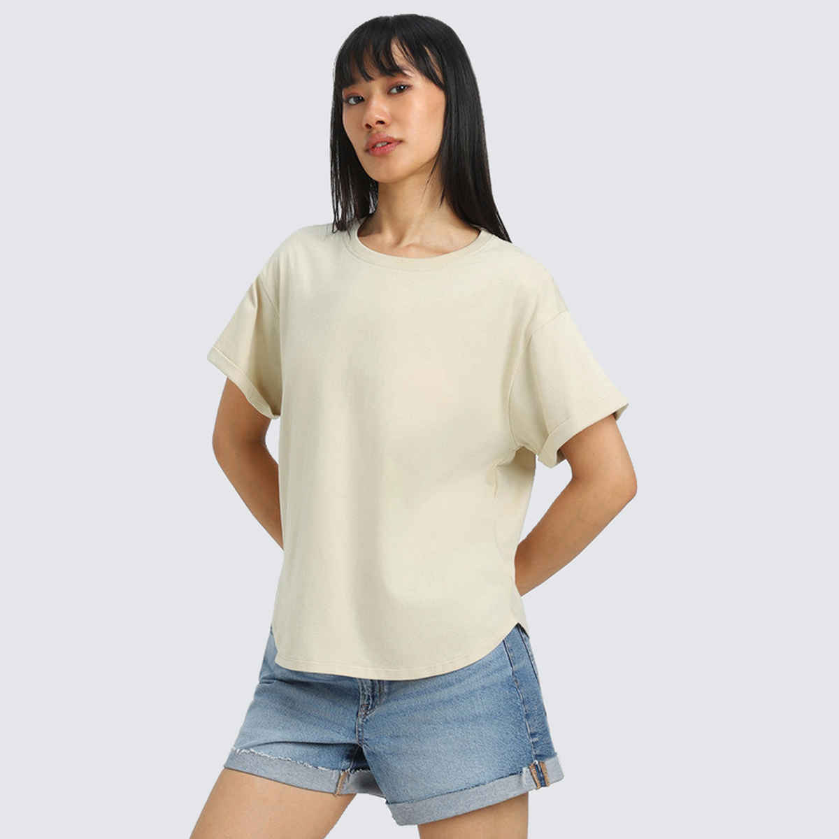 Juneberry Women's Oversized Fit Boyfriend T-shirt | Beige - L