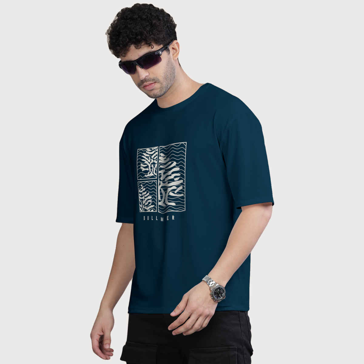 Bullmer Men's Oversized T-shirt Front Printed | Petrol Blue | M
