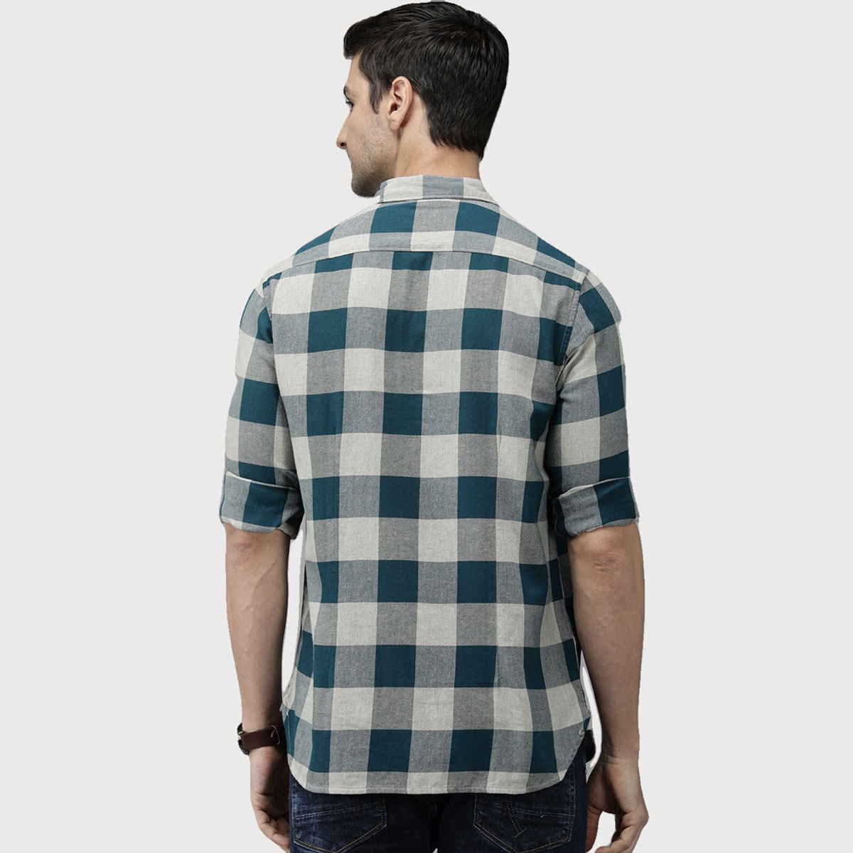 The Bear House Men Pure Cotton Checked Slim Fit Flannel Shirt Style-Juul Color -Teal Size - M
