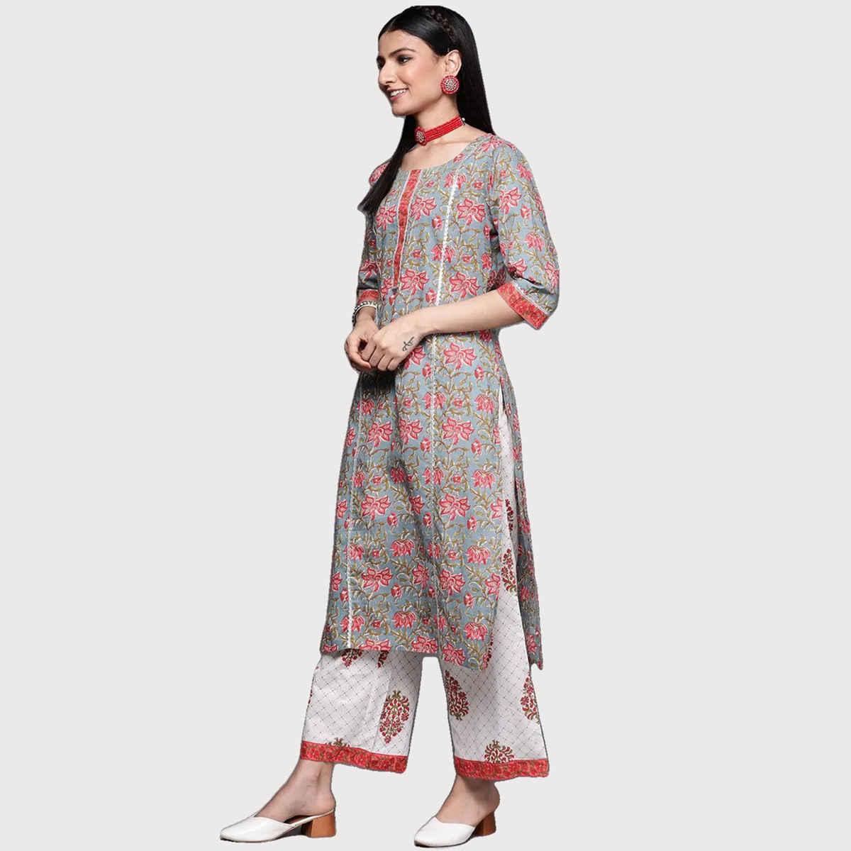 Libas Women Grey Cotton Kurta And White Cotton Palazzo With White Cotton Dupatta - 33151Os