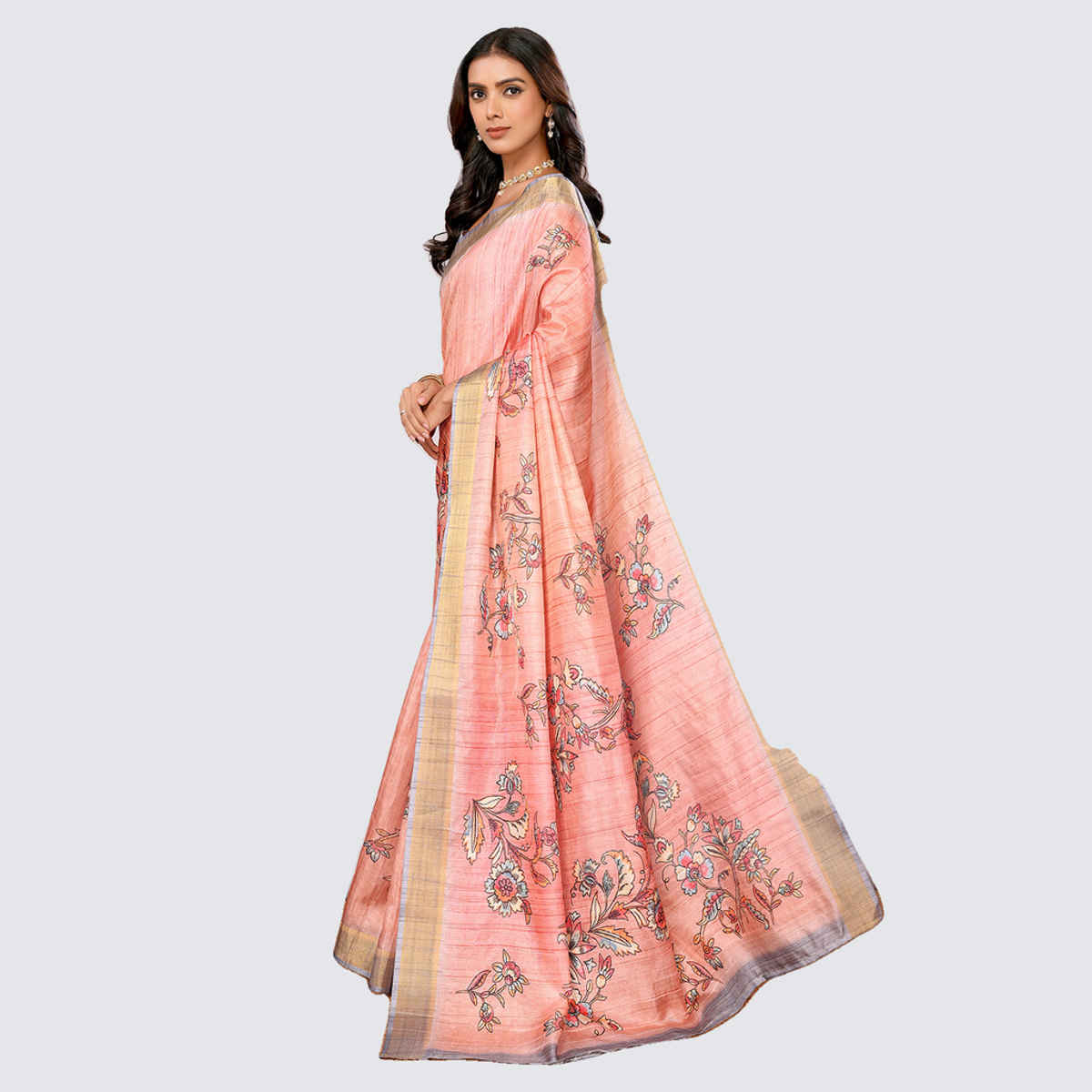 Janasya Women's Chanderi Silk Floral Printed Saree with Blouse Piece | SAR509 | Peach