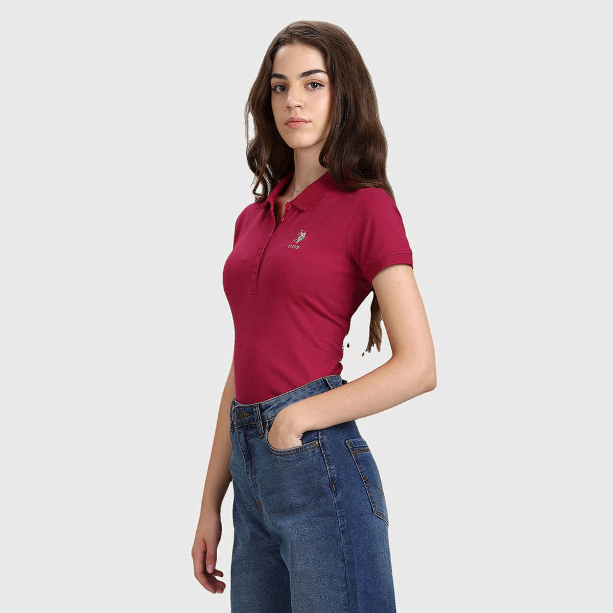 USPA Solid Slim Polo Tshirt For Women - Fuchsia - XL