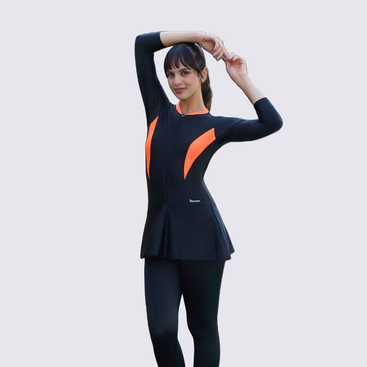 ROVARS Women's Swimming Costume with Removable Chest Pads| Front Zipper | Black & Orange - L