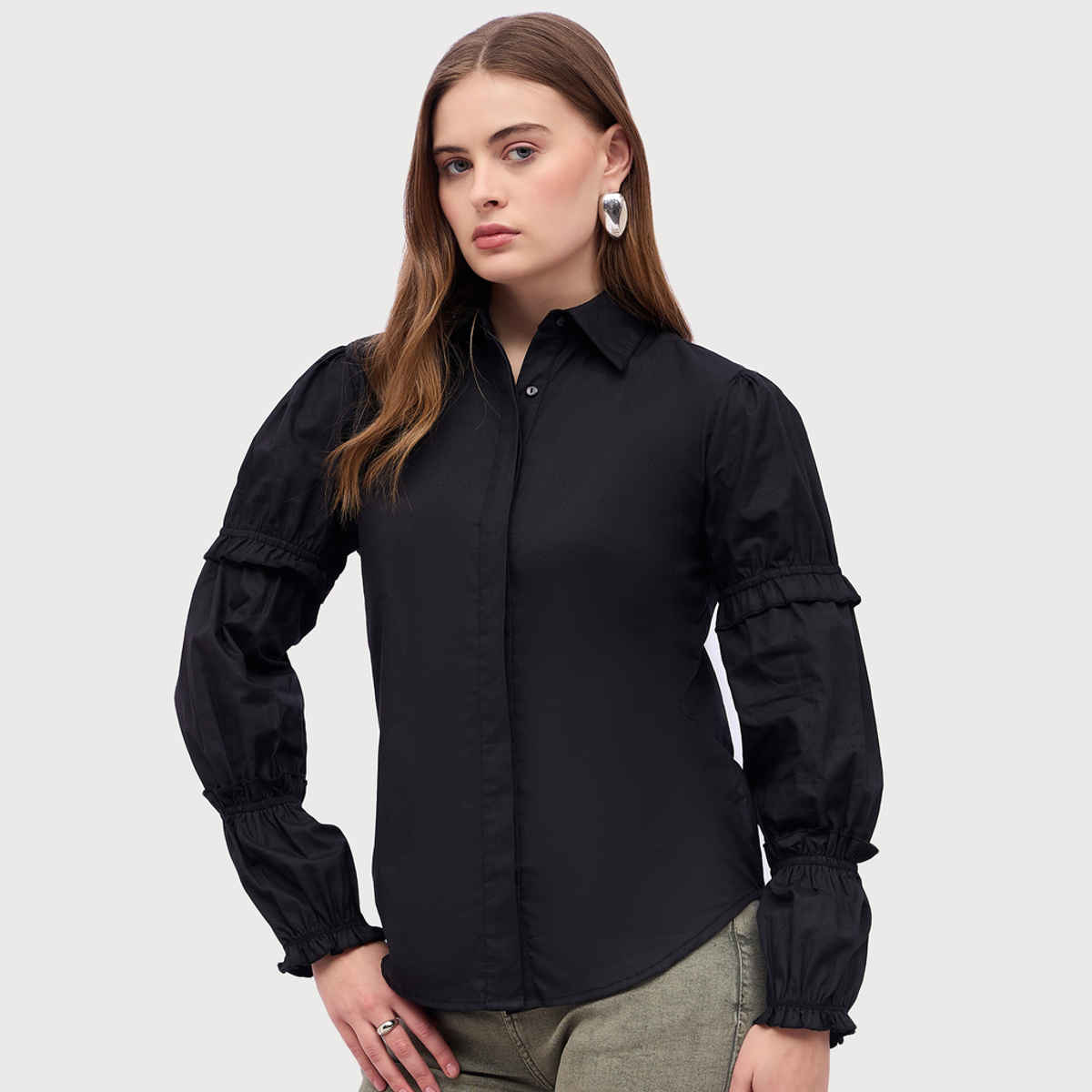 Styli Women's Casual Wear Solid Spread Collar Long Sleeves Regular Fit Shirts | Black - S