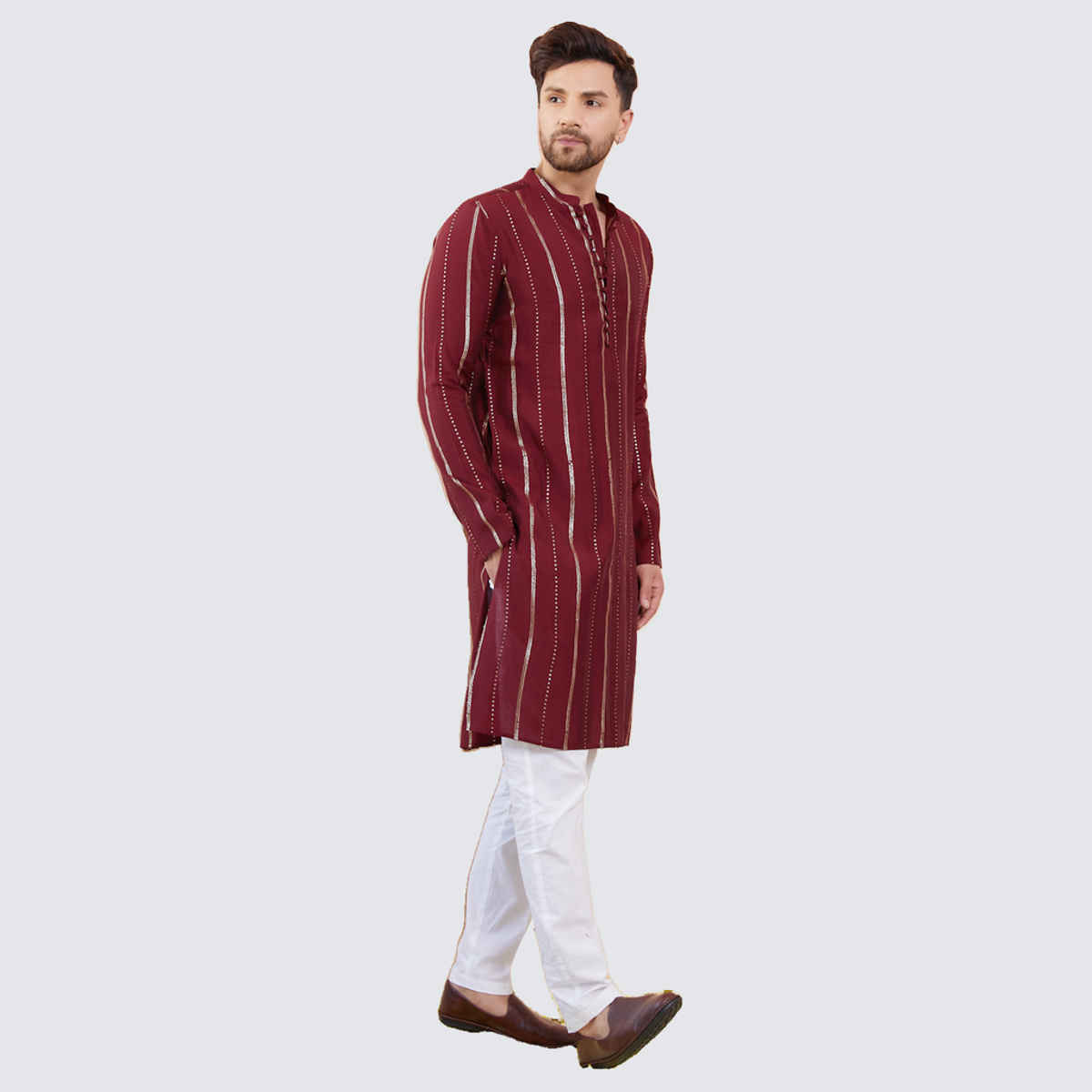 See Designs Men's Chanderi Silk Sequins Kurta | Burgundy and Gold - S