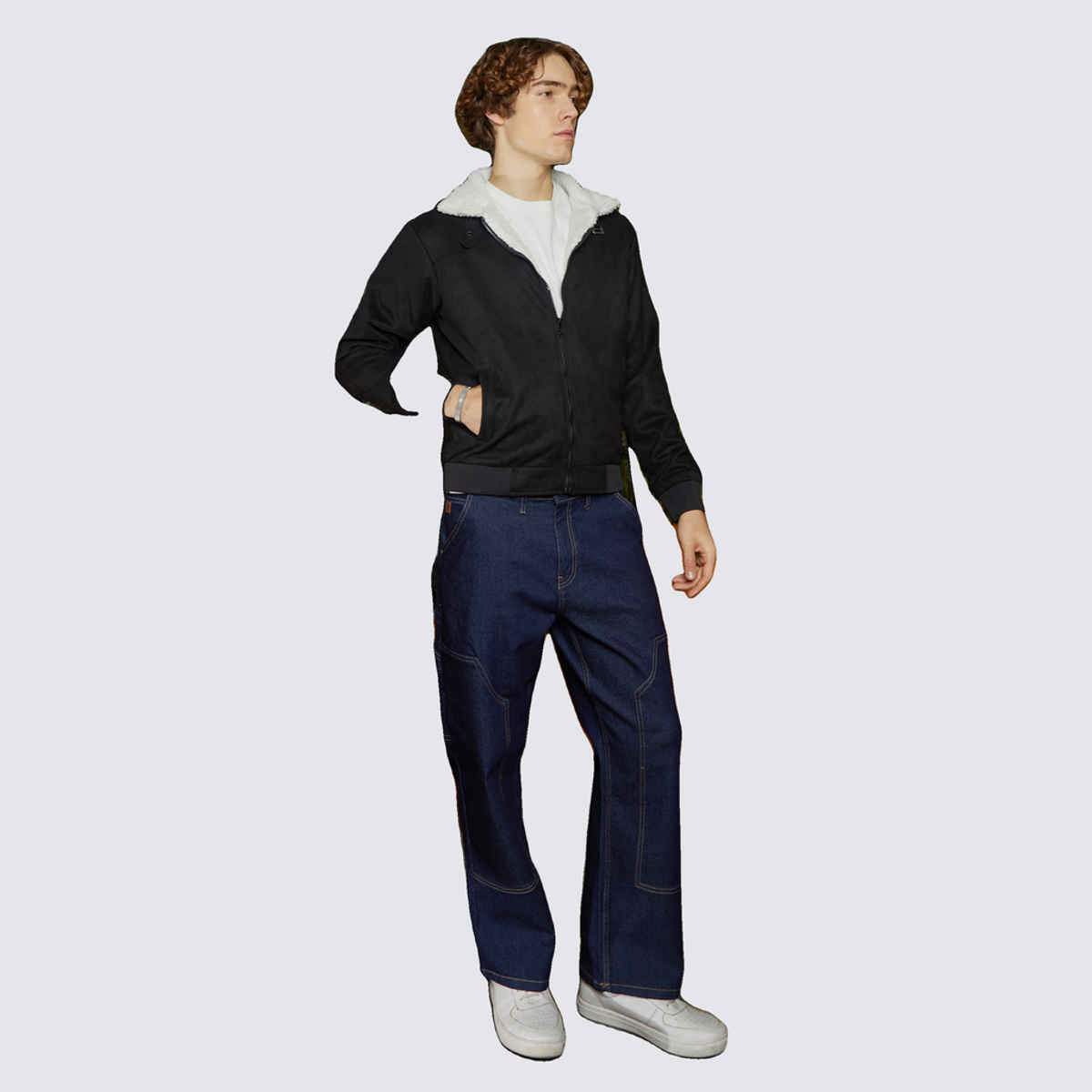 Campus Sutra Men's Fleece-Lined Bomber Jacket | Raven Black & Chalk White - XL