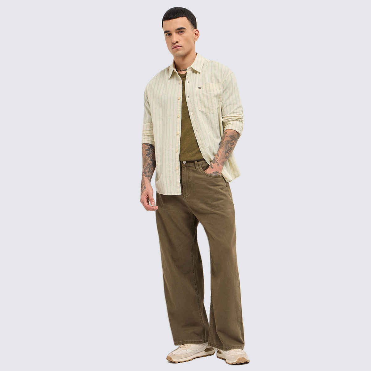 The Bear House Men's Vertical Striped Relaxed Fit Casual Shirt | Light Green - L