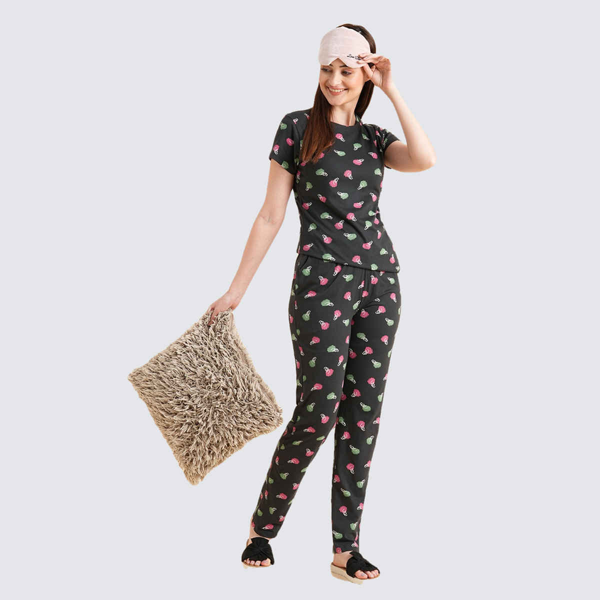 Sweet Dreams Women Printed Half Sleeves Top & Bottom Set Dark Green - L