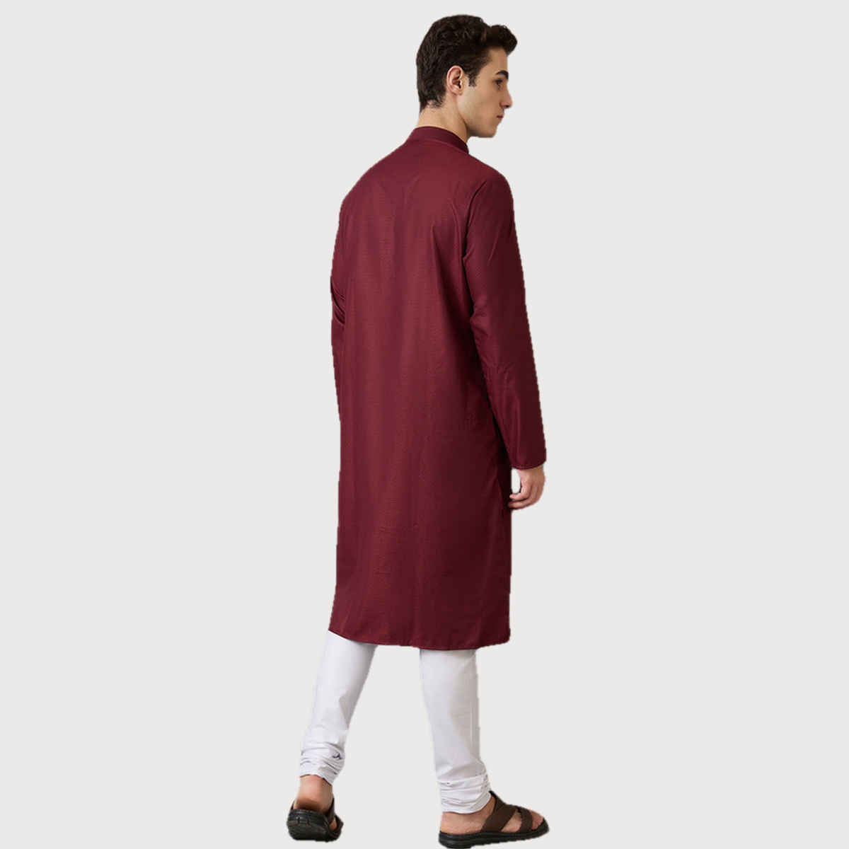 Ethnix by Raymond Men's Fit Poly Viscose Blend Full Sleeve Stand Collar Kurta | Dark Maroon - XL