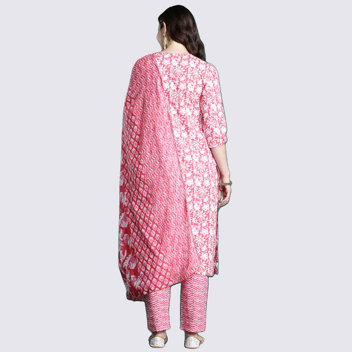 Indo Era Women's Printed Straight Kurta Pant with Dupatta set | KH0PK11044 | Pink - XL
