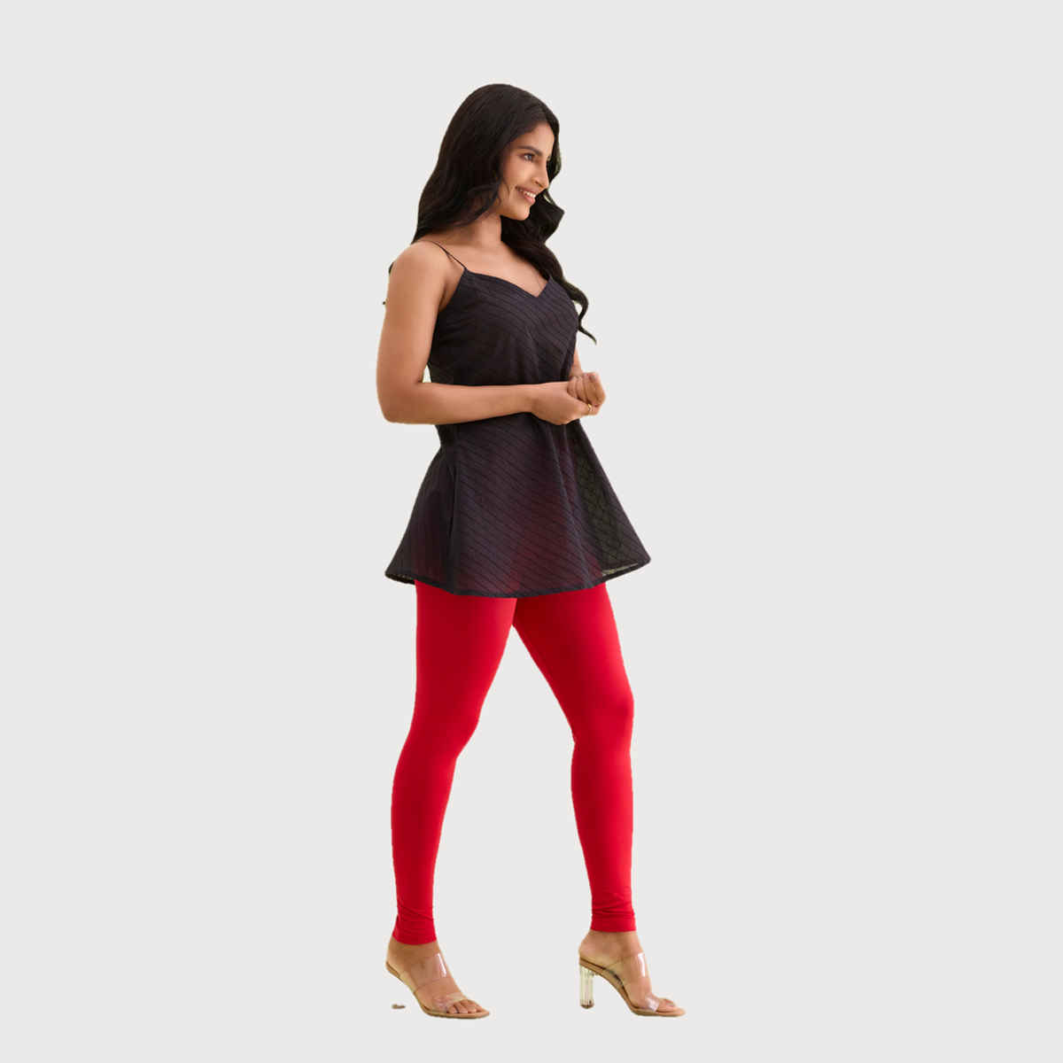 Go Colors Women's Solid Mid Rise Ankle Length Leggings | Dark Red - M