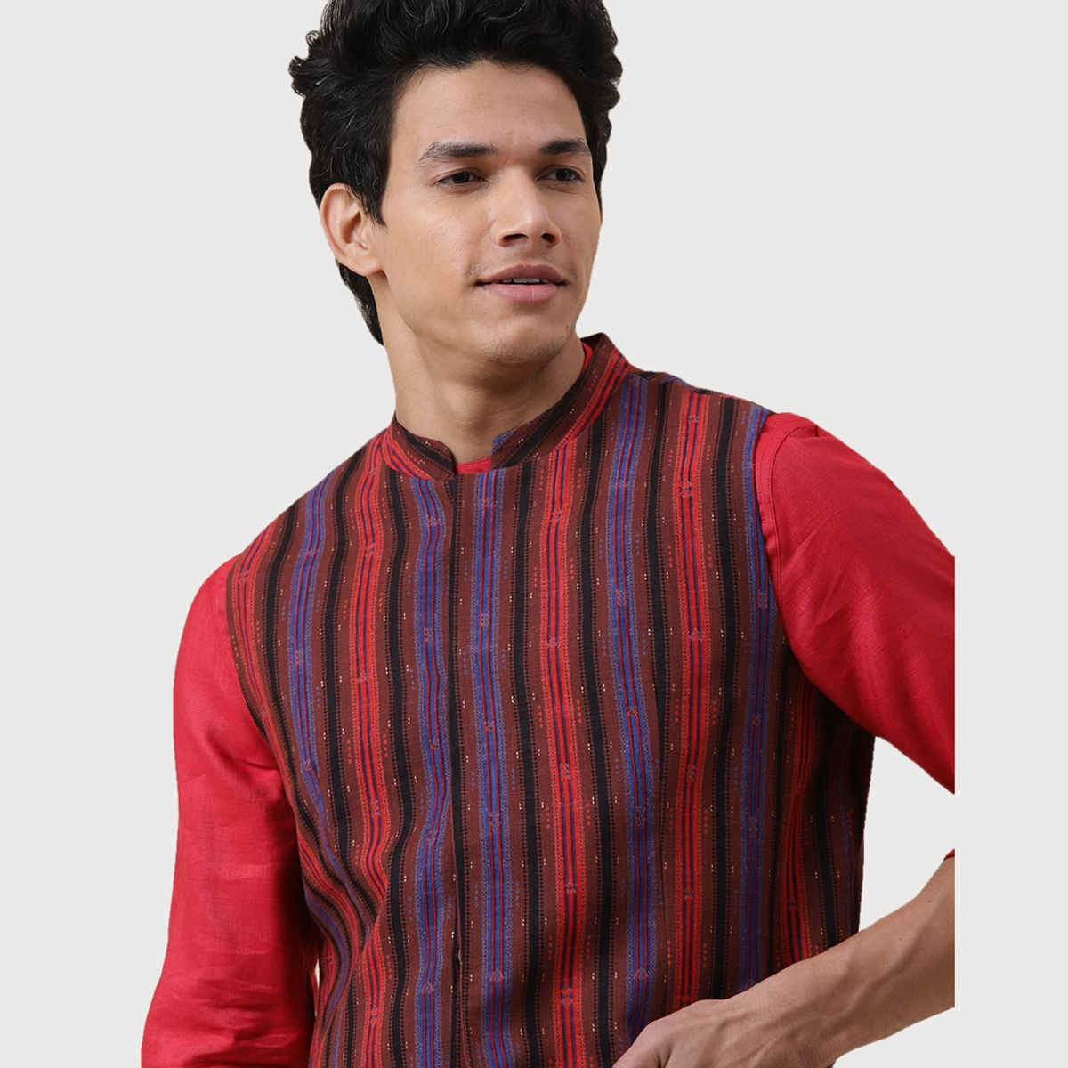 Fabindia Men's Nehru Jacket Printed Slim Fit | Red - XL