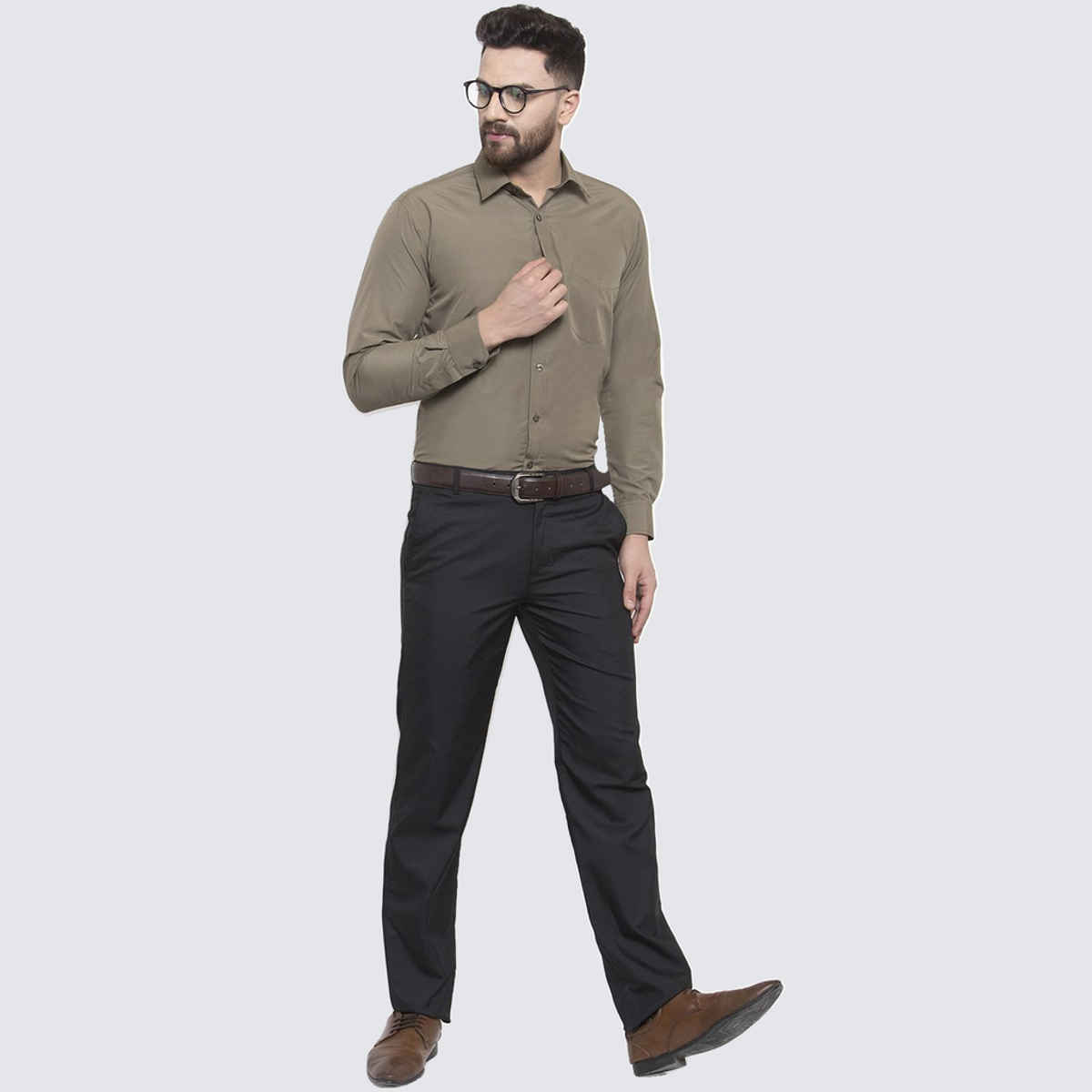 English Navy Men Olive Solid Slim Fit Formal Shirt-44