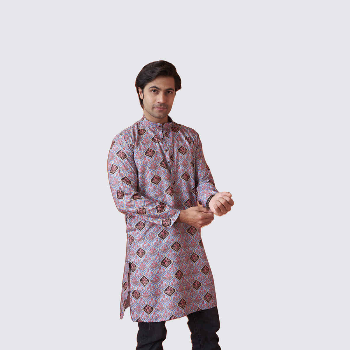 House Of Festivals Men's Printed Cotton Blend Long Kurta | Light Blue - XL