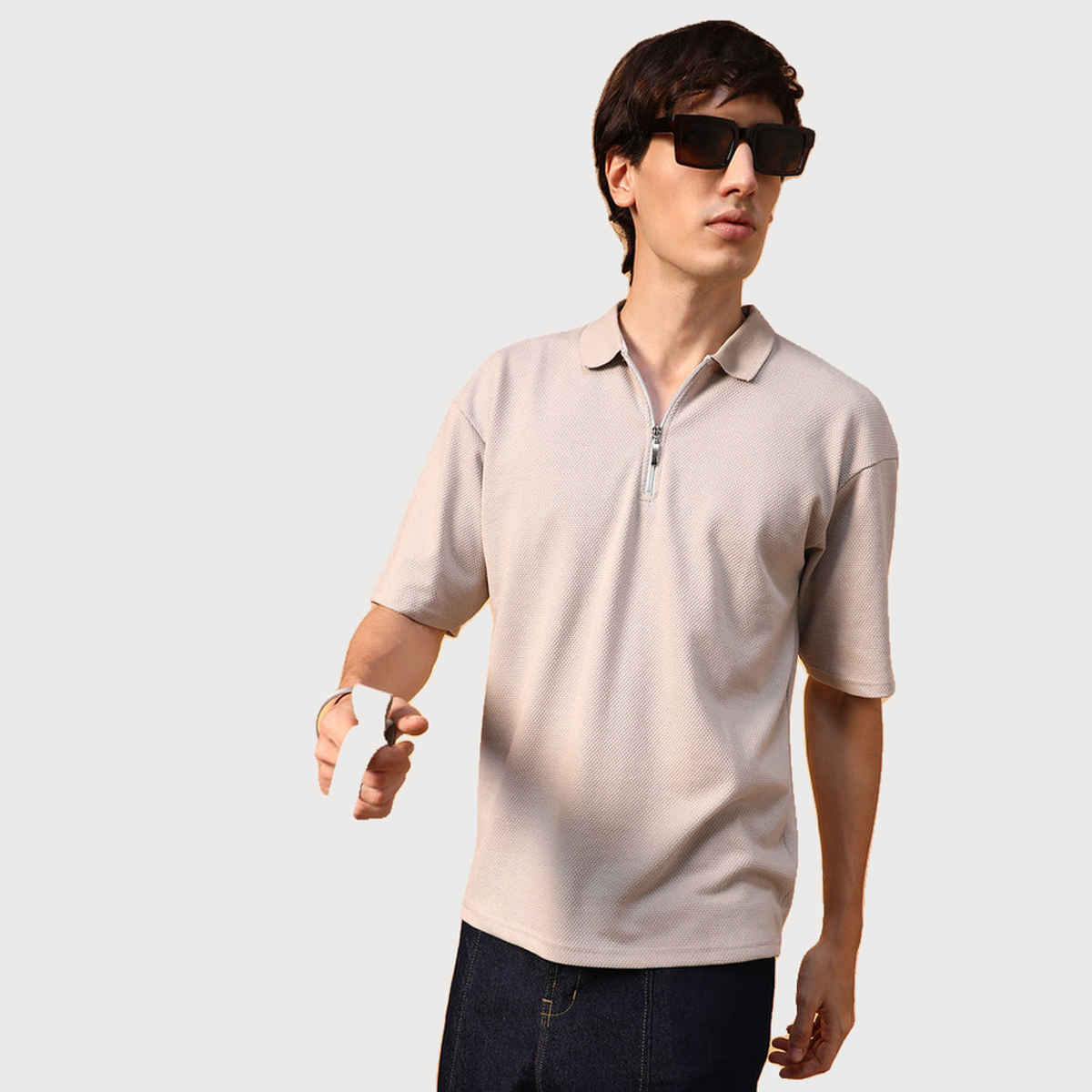 Campus Sutra Men's Solid Oversized Polo T-shirt | Beige - XL